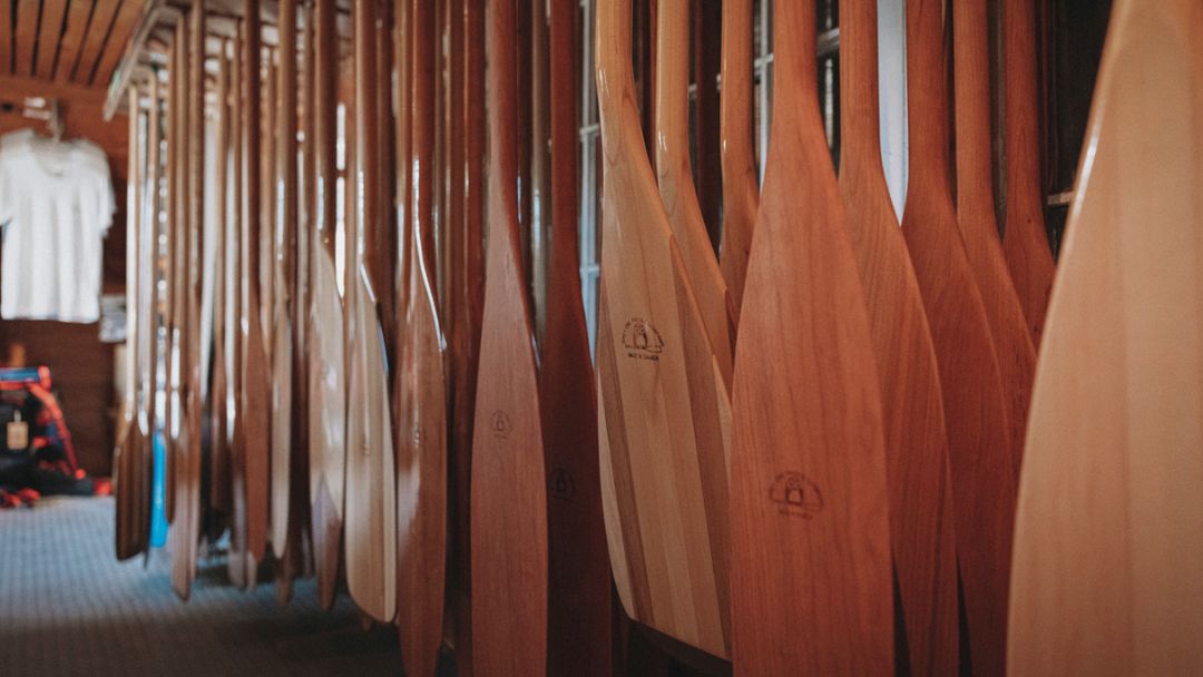 Présentoir d'avirons dans la boutique Canots Légaré
